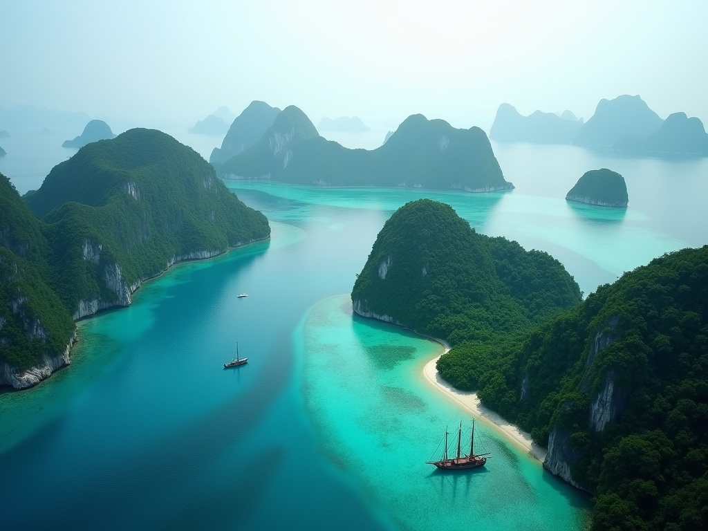 Wooden phinisi anchored among jungle-covered karst islets in clear turquoise Raja Ampat waters
