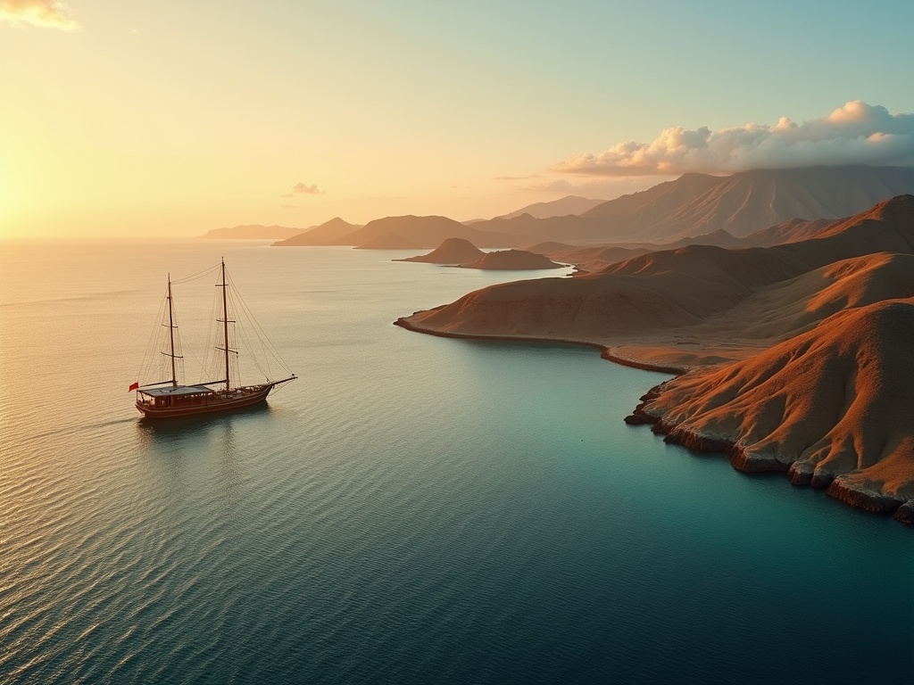 Phinisi at anchor in a sheltered bay beneath dry savanna hills in the Komodo region at golden hour