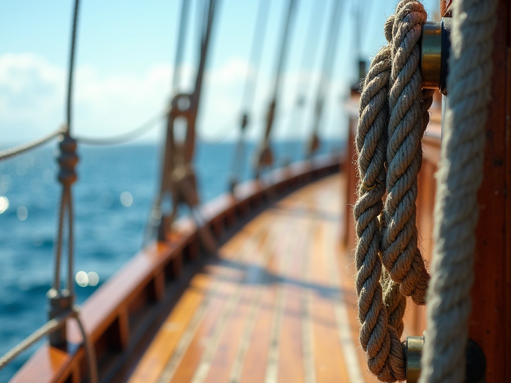 Weathered teak deck, coiled rope and brass rigging of a phinisi on an open Banda Sea crossing