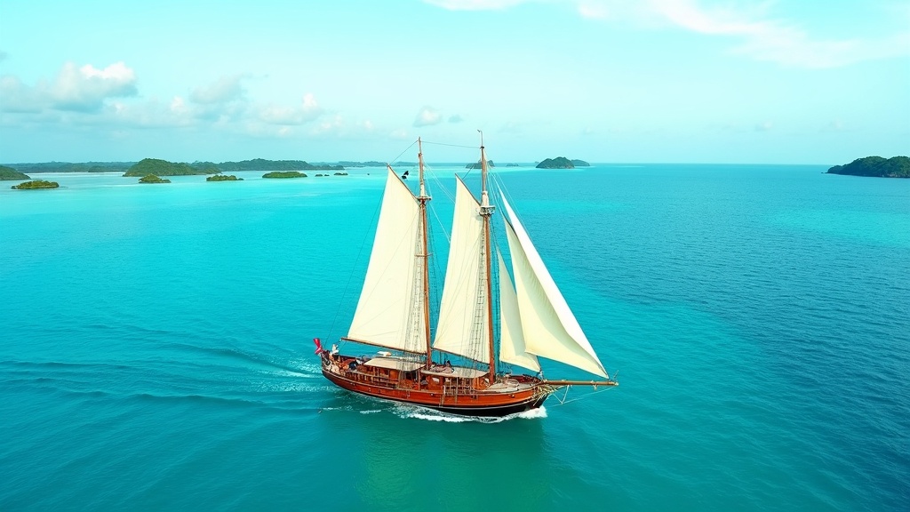 Traditional Indonesian two-masted phinisi schooner under full sail on open tropical sea, seen from above